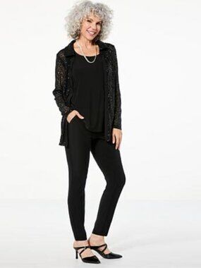 Nina Leonard 3-piece Sequined Button-Front Top, Tank and Pant Set - Size: XLT